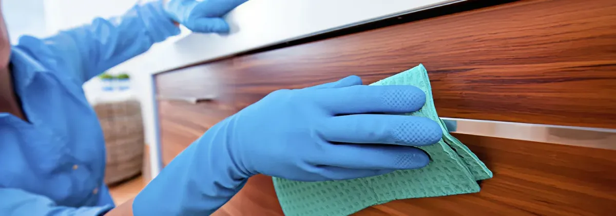Cleaner wearing blue gloves wiping a wooden cabinet drawer with a microfiber cloth for dust and grime removal, Cambridge, MA.